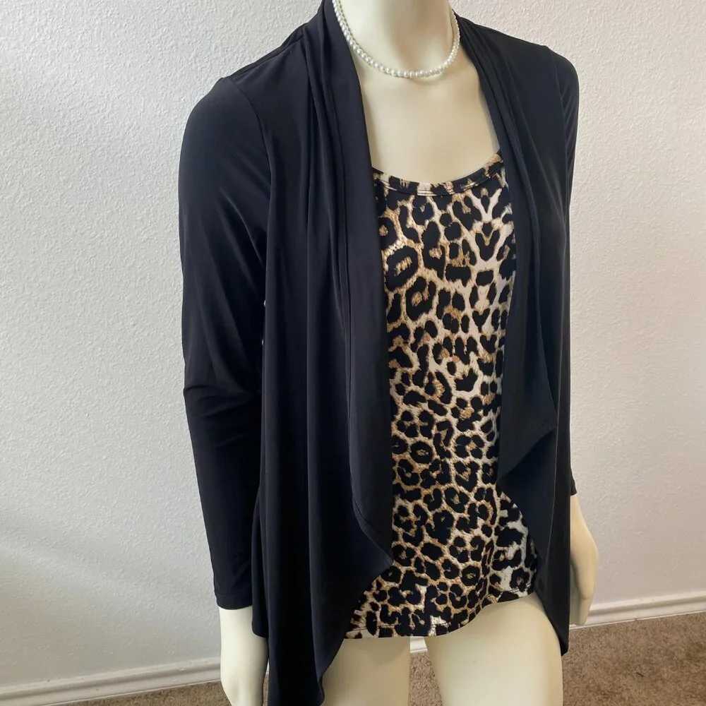 Chaus New York Cardigan Blouse Top 2-in-1 Jaguar print Black Size S $59 - Picture 3 of 8